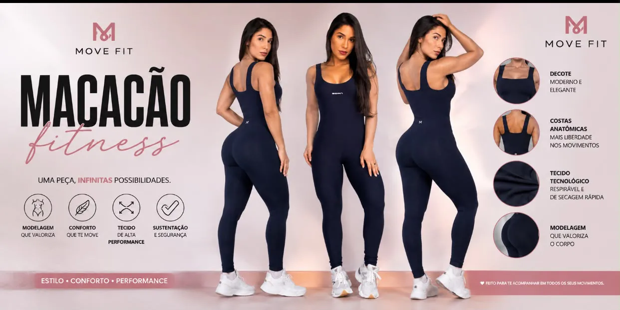 Macacão fitness: vistas de frente e costas e detalhes da peça